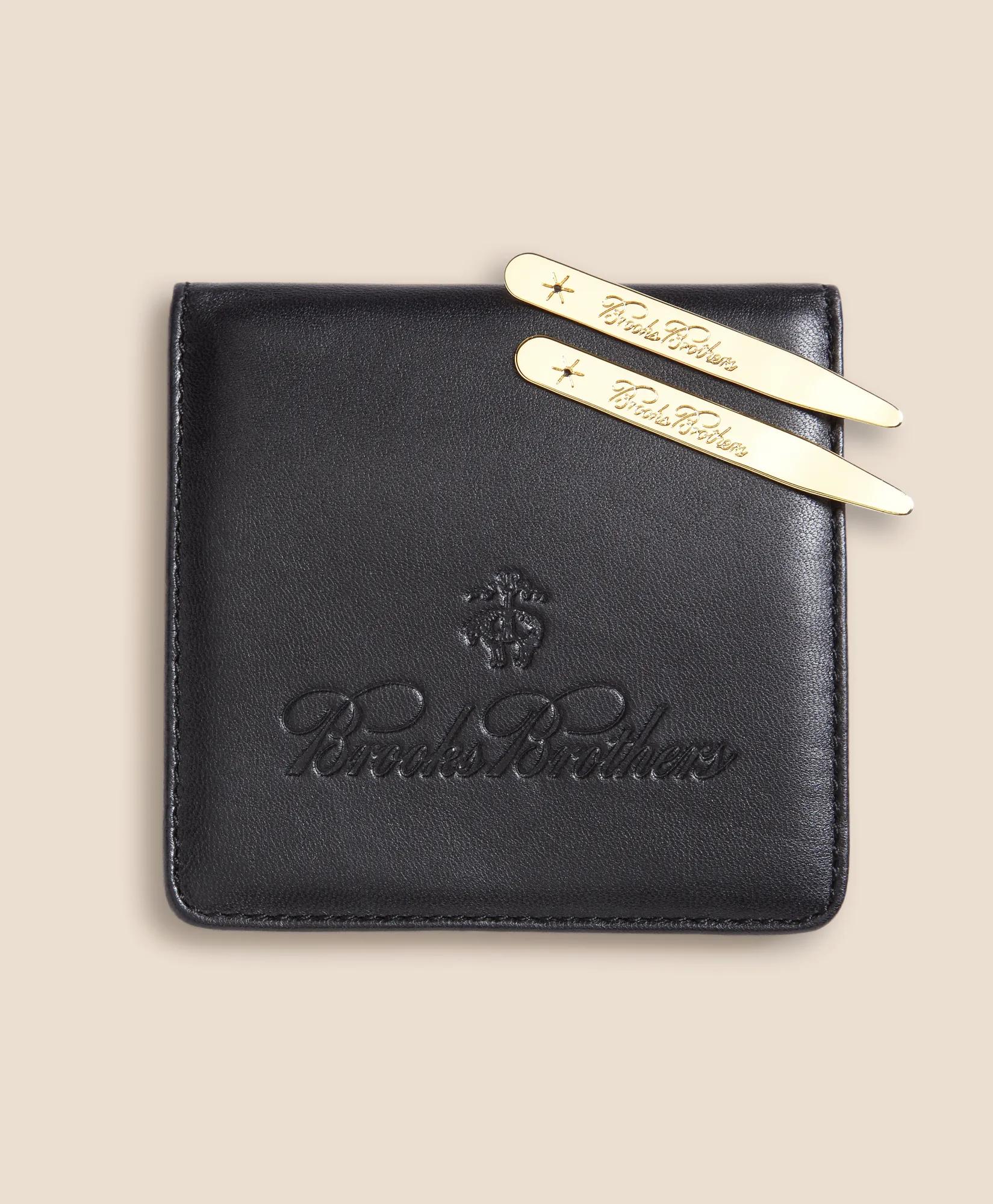 Metallic Collar Stays with Nappa Leather Case Tie - Gold