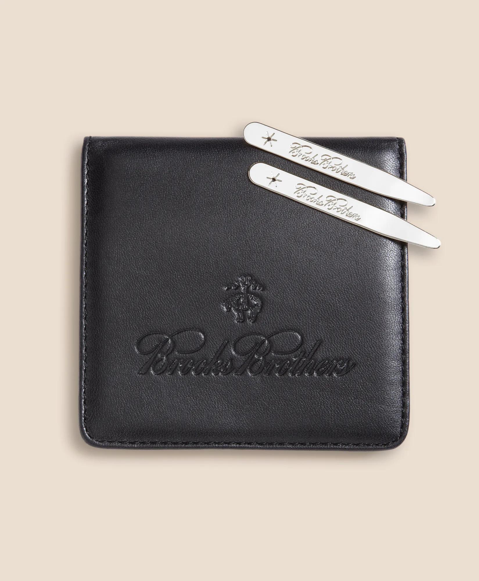 Metallic Collar Stays with Nappa Leather Case Tie - Silver