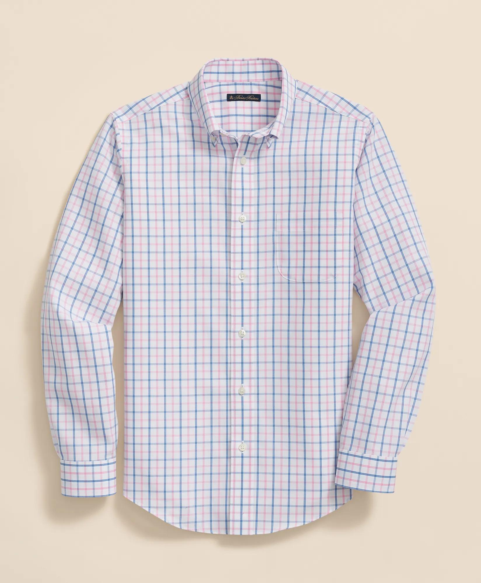 Non-Iron Broadcloth Polo Button-Down Collar Check Sport Shirt - Pink