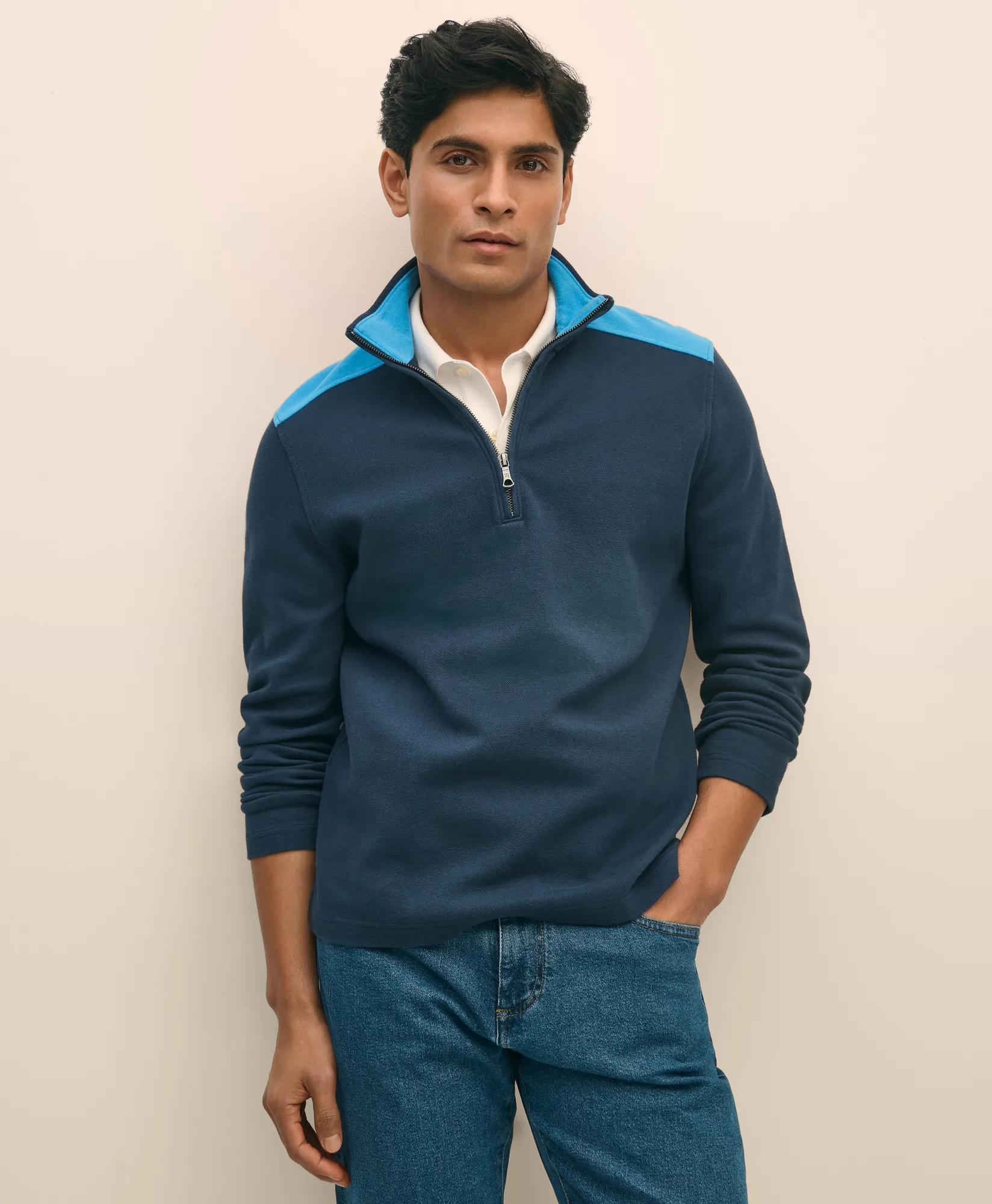 Double Faced Cotton Blend Pique Half-Zip - Navy Multi