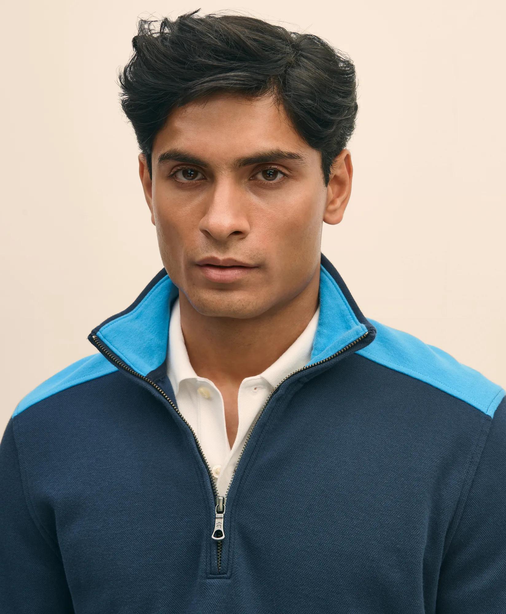 Double Faced Cotton Blend Pique Half-Zip - Navy Multi