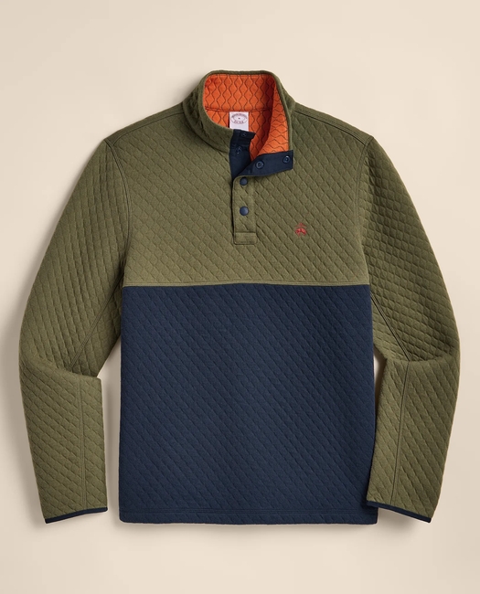 Cotton Blend Quilted Color Blocked Quarter-Zip Shirt - Green Multi