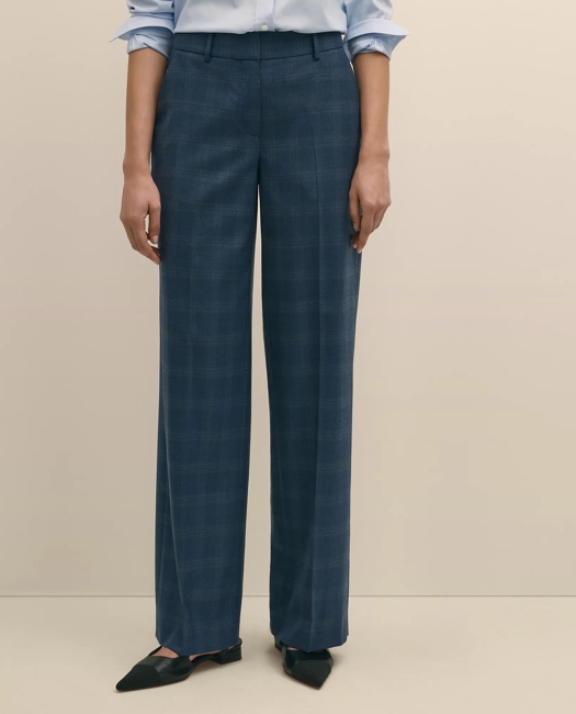 Wool-Silk Blend Plaid Straight Leg Pants