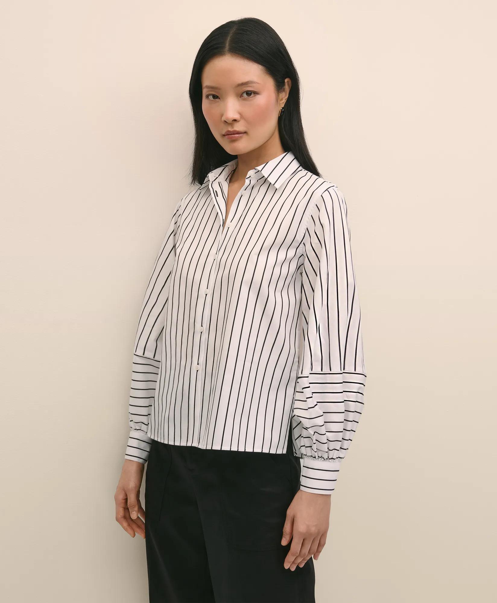 Cotton Poplin Contrast-Stripe Blouson Sleeve Shirt