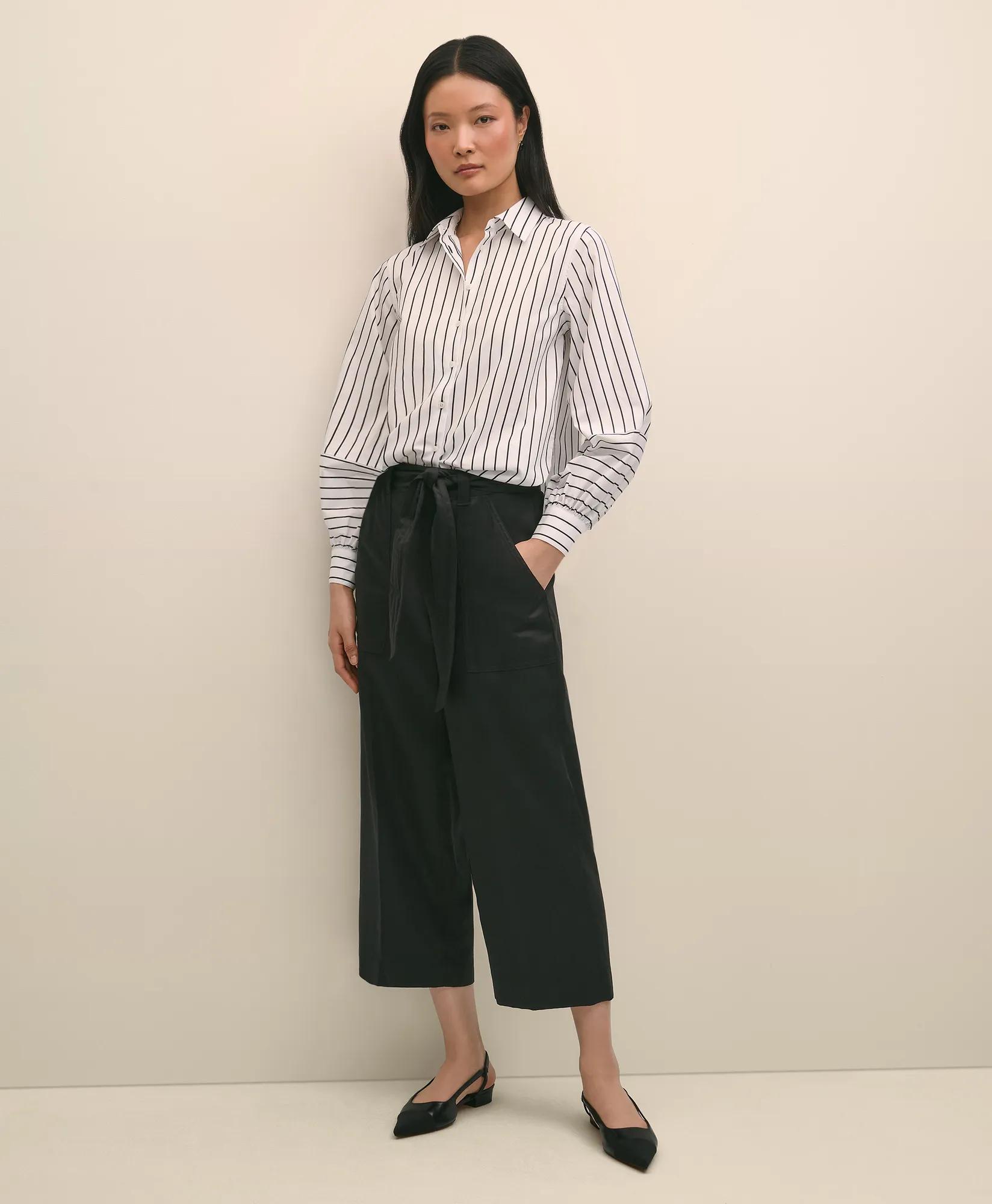 Cotton Poplin Contrast-Stripe Blouson Sleeve Shirt
