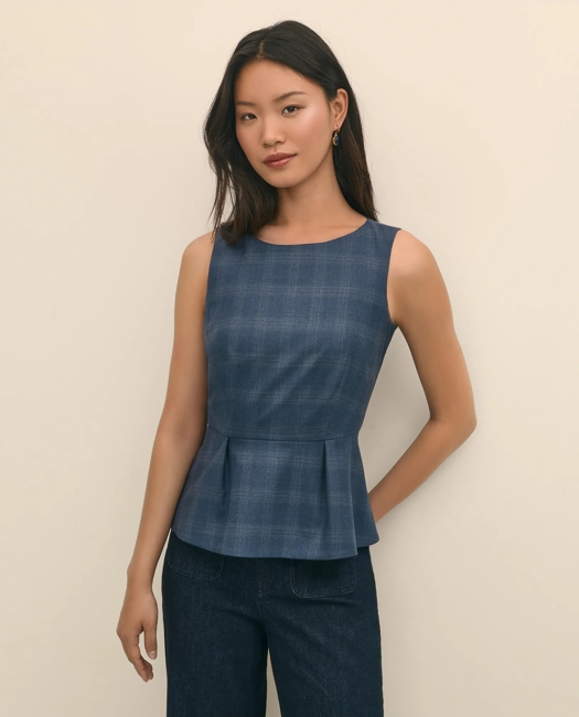 Wool-Silk Blend Sleeveless Plaid Peplum Top