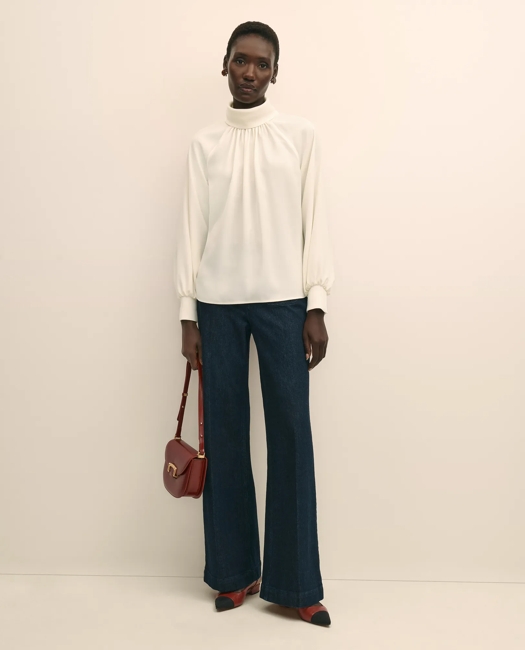 Crepe Band-Collar Relaxed Blouse