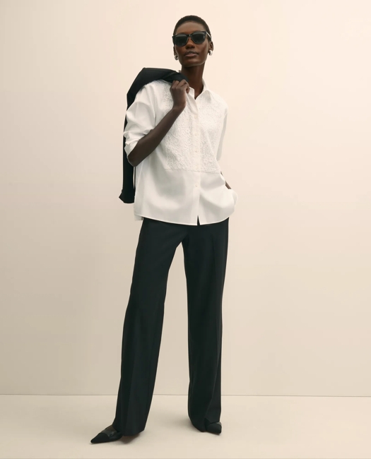 Cotton Sateen Relaxed Lace-Bib Shirt