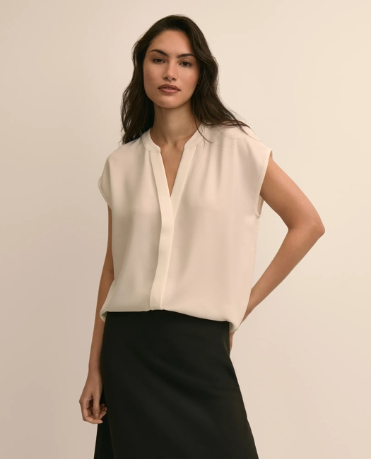 Band Collar Button-Front Blouse - White