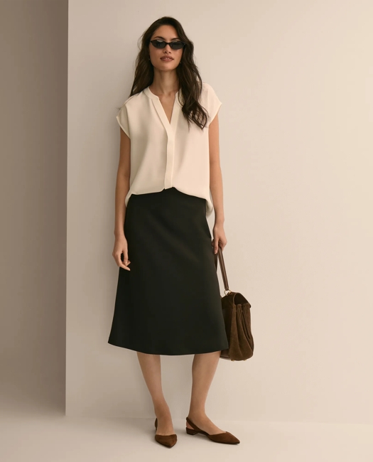 Band Collar Button-Front Blouse - White