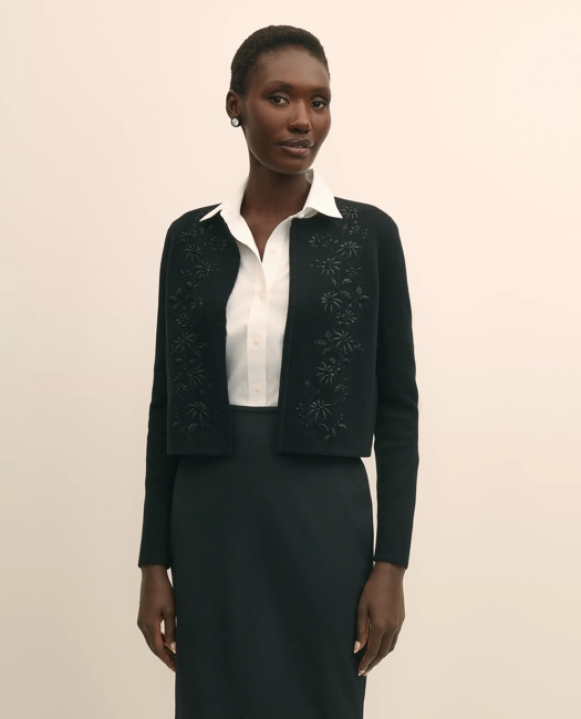 Merino-Wool-Cotton Blend Floral Embellished Cardigan Sweater