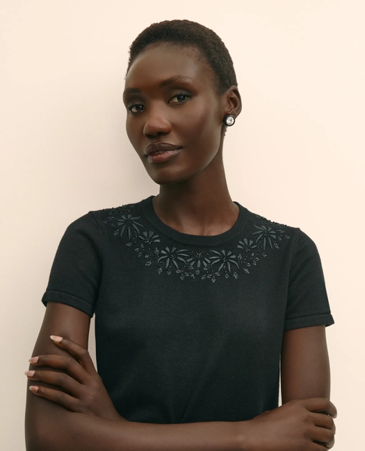 Merino-Wool-Cotton Blend Floral Embellished Short-Sleeve Sweater Shell