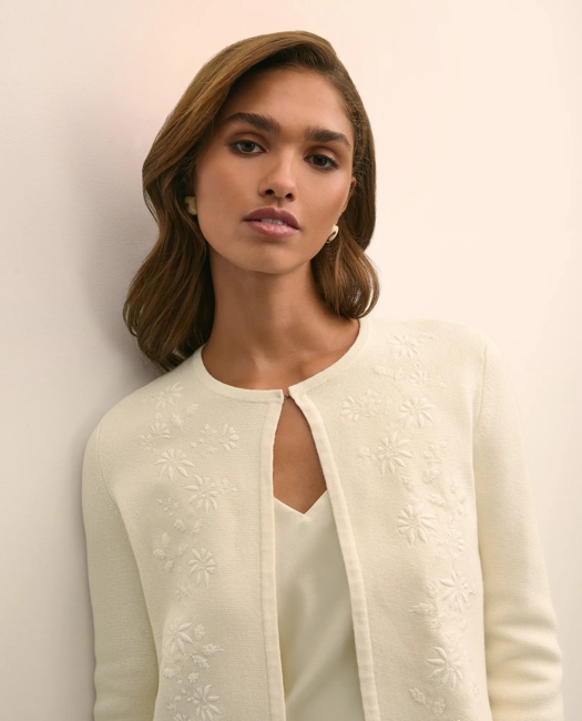 Merino-Wool-Cotton Blend Floral Embellished Cardigan Sweater
