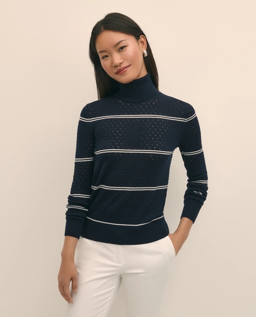 Merino Wool Striped Pointelle Turtleneck Sweater