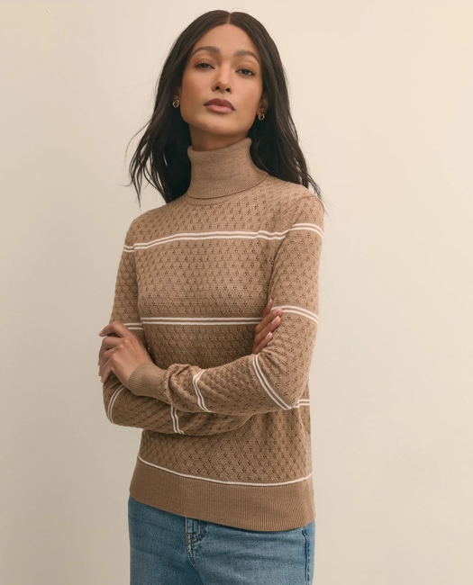 Merino Wool Striped Pointelle Turtleneck Sweater