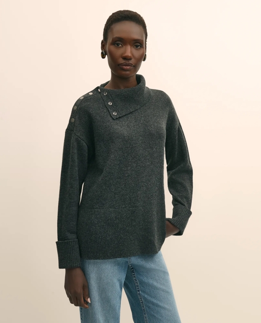 Relaxed Wool-Blend Foldover Snap Collar Sweater - Charcoal