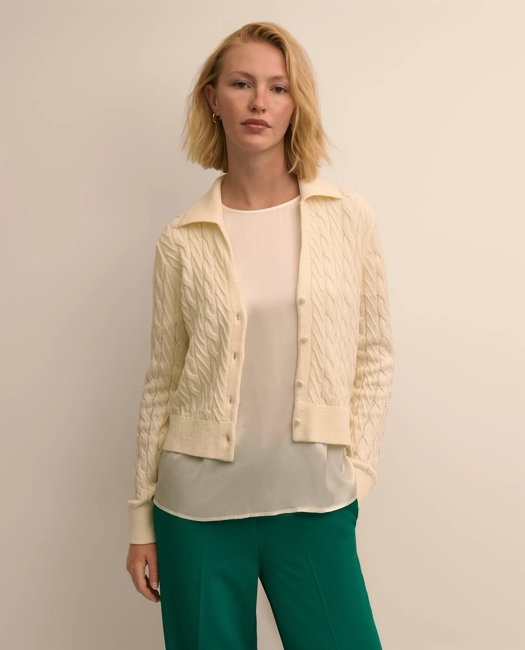 Cropped Cotton Cable-Knit Polo Cardigan Sweater