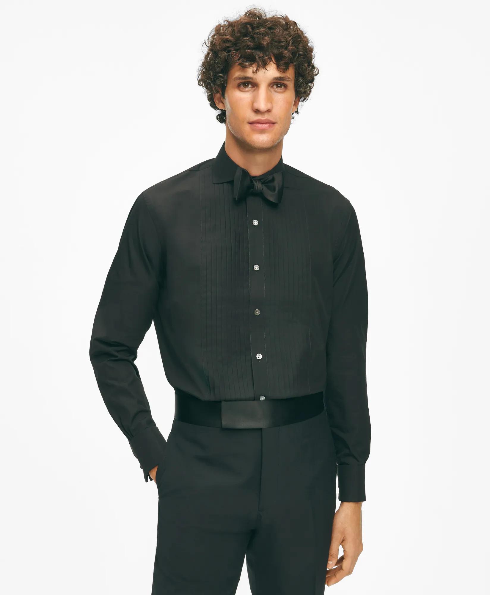 Black Fleece Pleated Londoner Collar Tuxedo Shirt in Sea Island Cotton