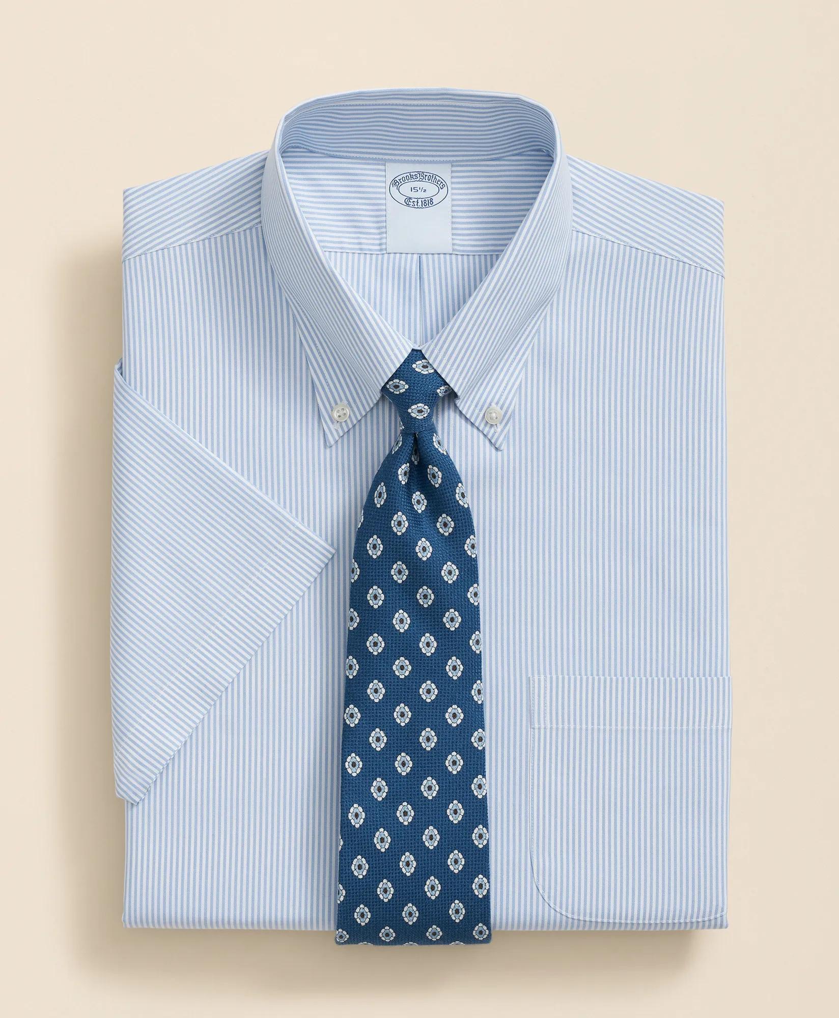 Stretch Supima Cotton Non-Iron Polo Button Down Collar, Mini Stripe Short-Sleeve Dress Shirt