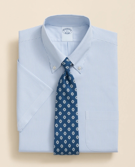 Stretch Supima Cotton Non-Iron Polo Button Down Collar, Mini Stripe Short-Sleeve Dress Shirt
