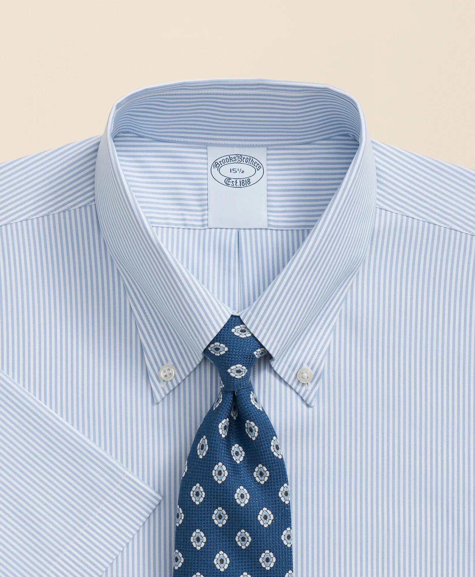 Stretch Supima Cotton Non-Iron Polo Button Down Collar, Mini Stripe Short-Sleeve Dress Shirt