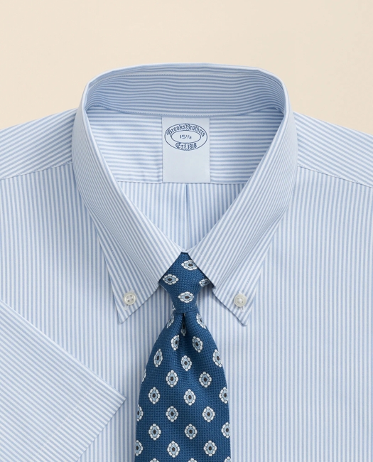 Stretch Supima Cotton Non-Iron Polo Button Down Collar, Mini Stripe Short-Sleeve Dress Shirt