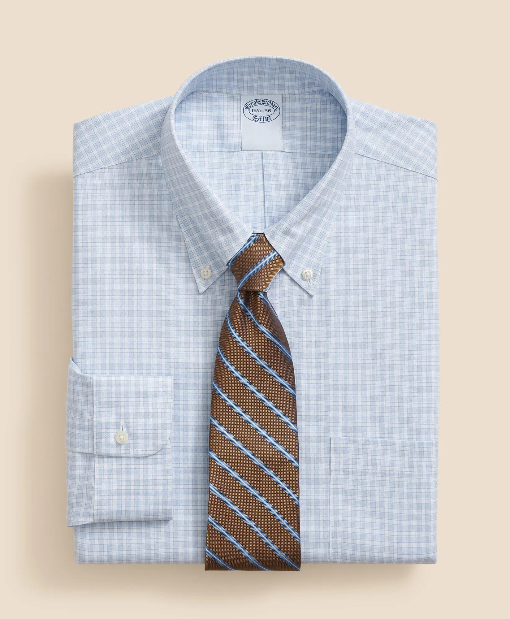 Stretch Supima Cotton Non-Iron Pinpoint Oxford Polo Button Down Collar, Outline Check Dress Shirt