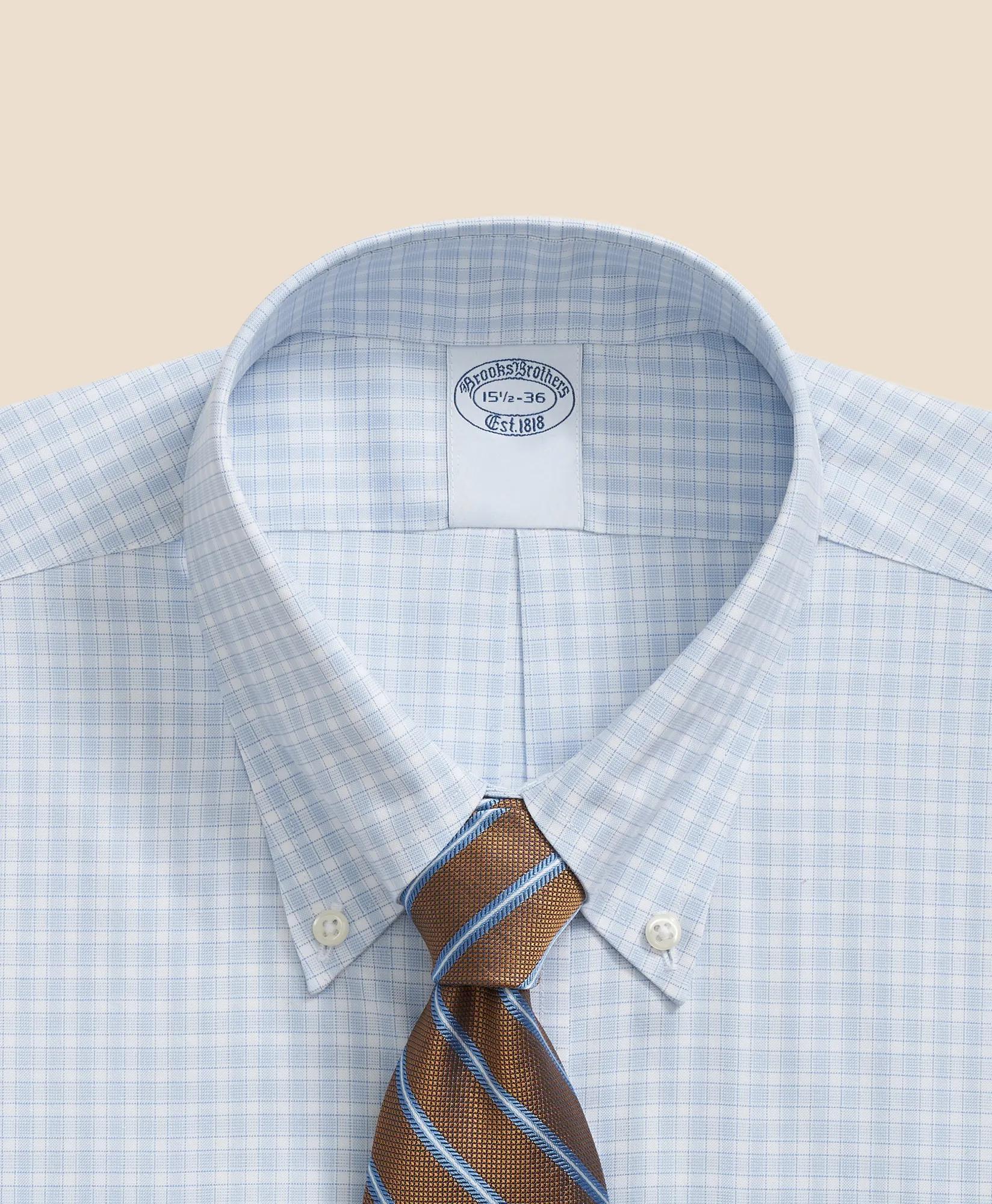 Stretch Supima Cotton Non-Iron Pinpoint Oxford Polo Button Down Collar, Outline Check Dress Shirt