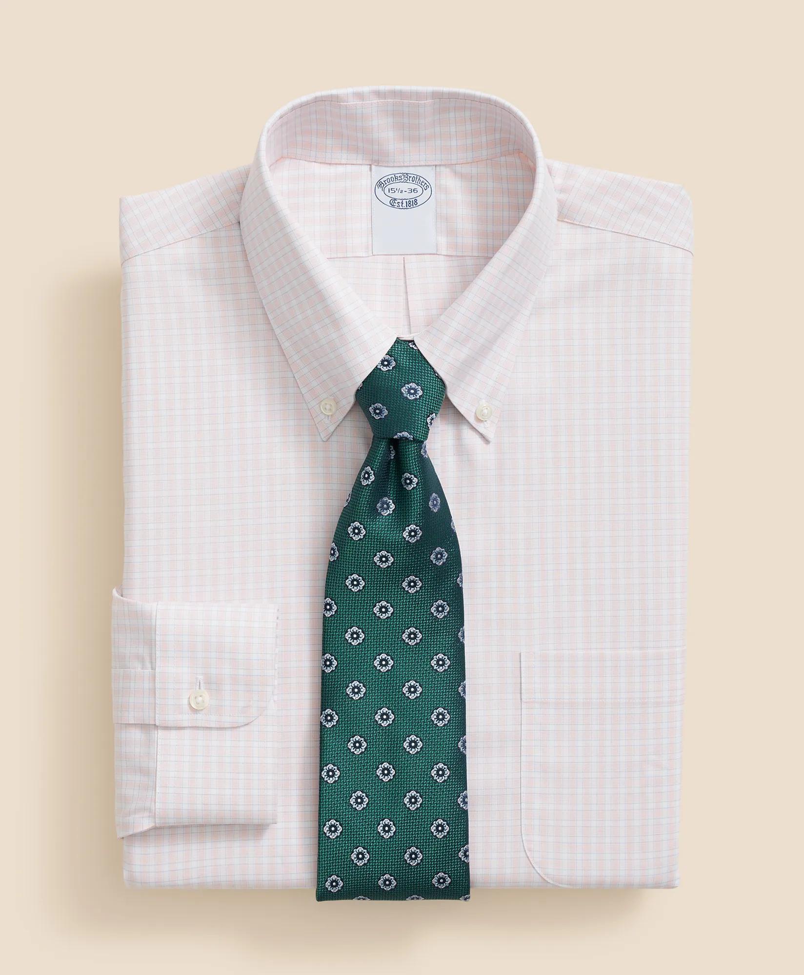 Stretch Supima Cotton Non-Iron Pinpoint Oxford Polo Button Down Collar, Outline Check Dress Shirt
