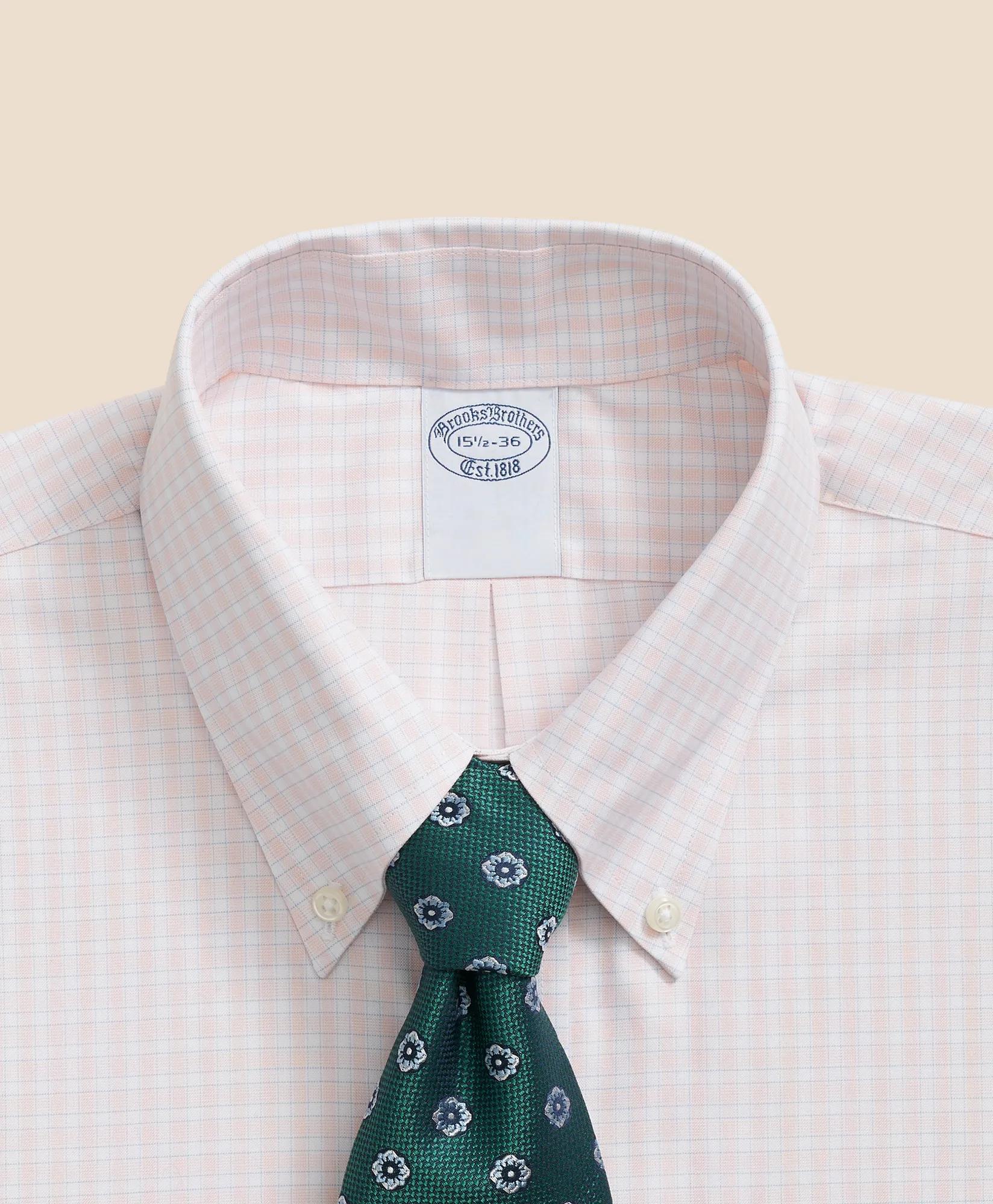 Stretch Supima Cotton Non-Iron Pinpoint Oxford Polo Button Down Collar, Outline Check Dress Shirt