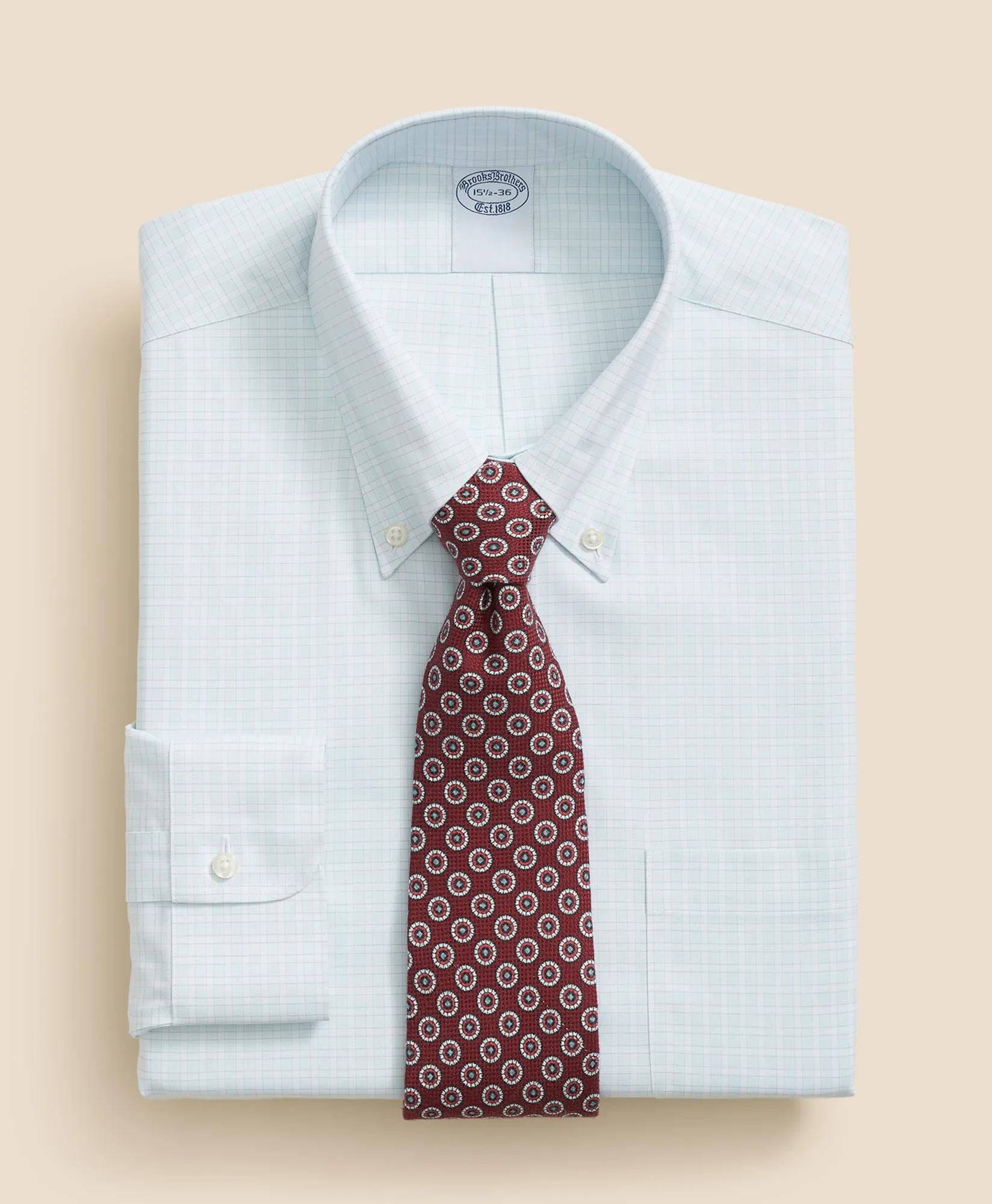 Stretch Supima Cotton Non-Iron Pinpoint Oxford Polo Button Down Collar, Outline Check Dress Shirt
