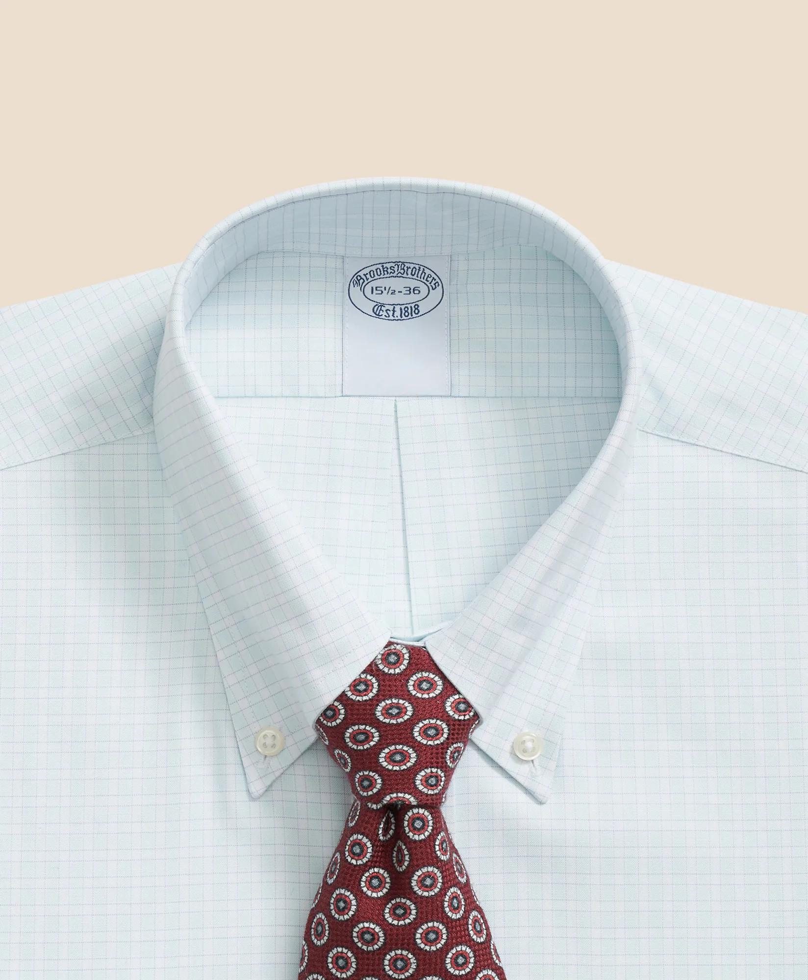 Stretch Supima Cotton Non-Iron Pinpoint Oxford Polo Button Down Collar, Outline Check Dress Shirt