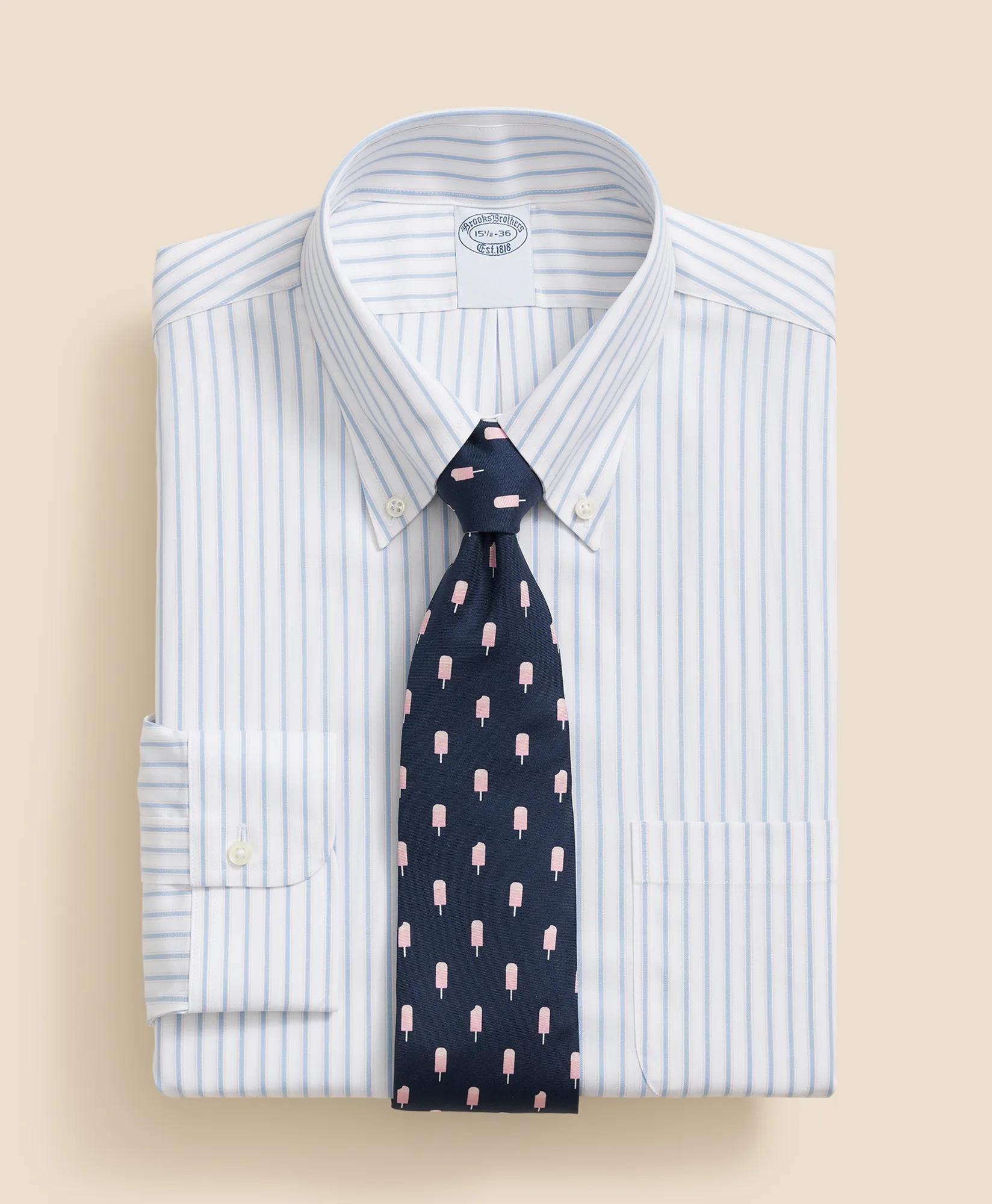 Stretch Supima Cotton Non-Iron Pinpoint Oxford Polo Button Down Collar, Outline Stripe Dress Shirt