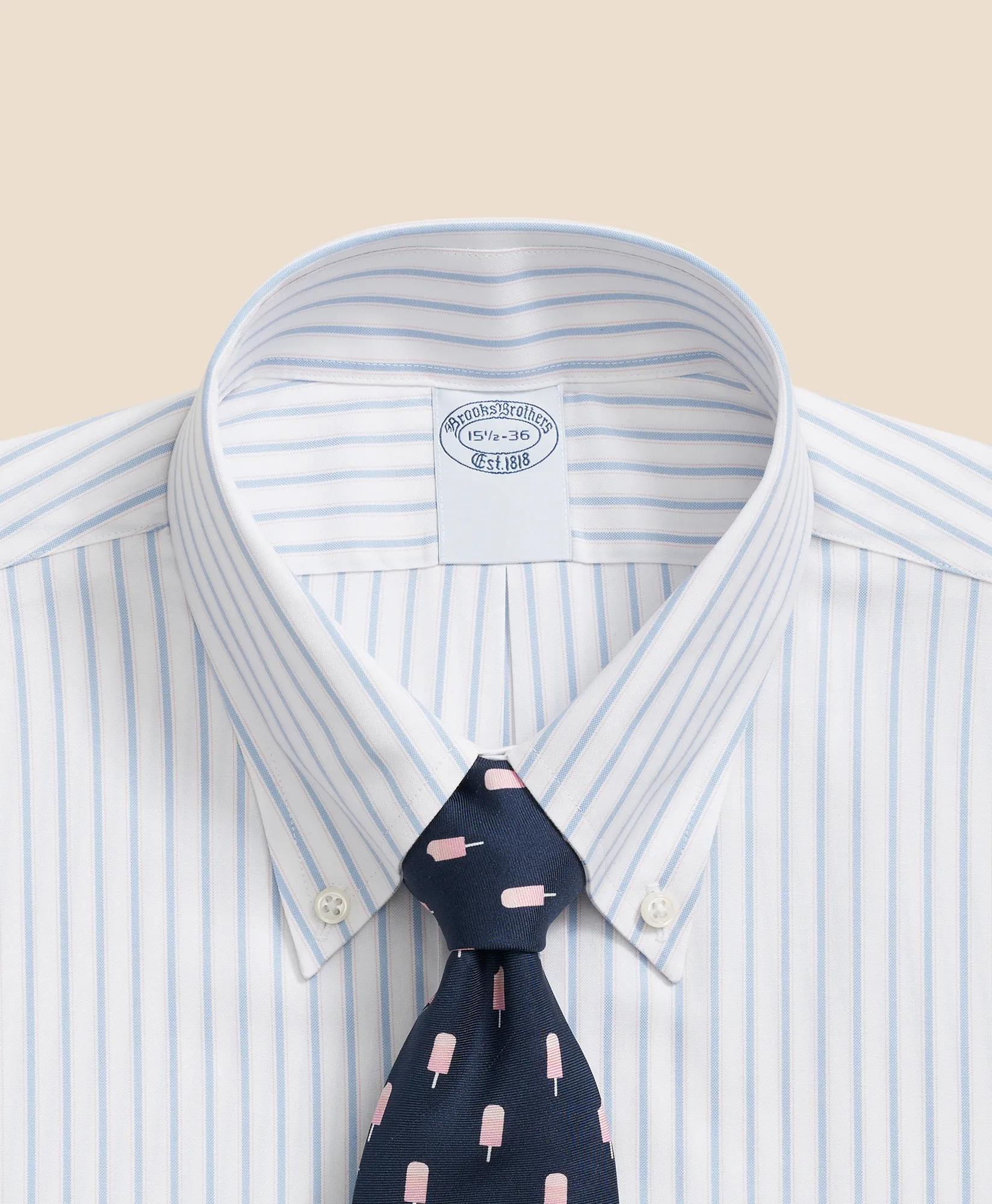 Stretch Supima Cotton Non-Iron Pinpoint Oxford Polo Button Down Collar, Outline Stripe Dress Shirt