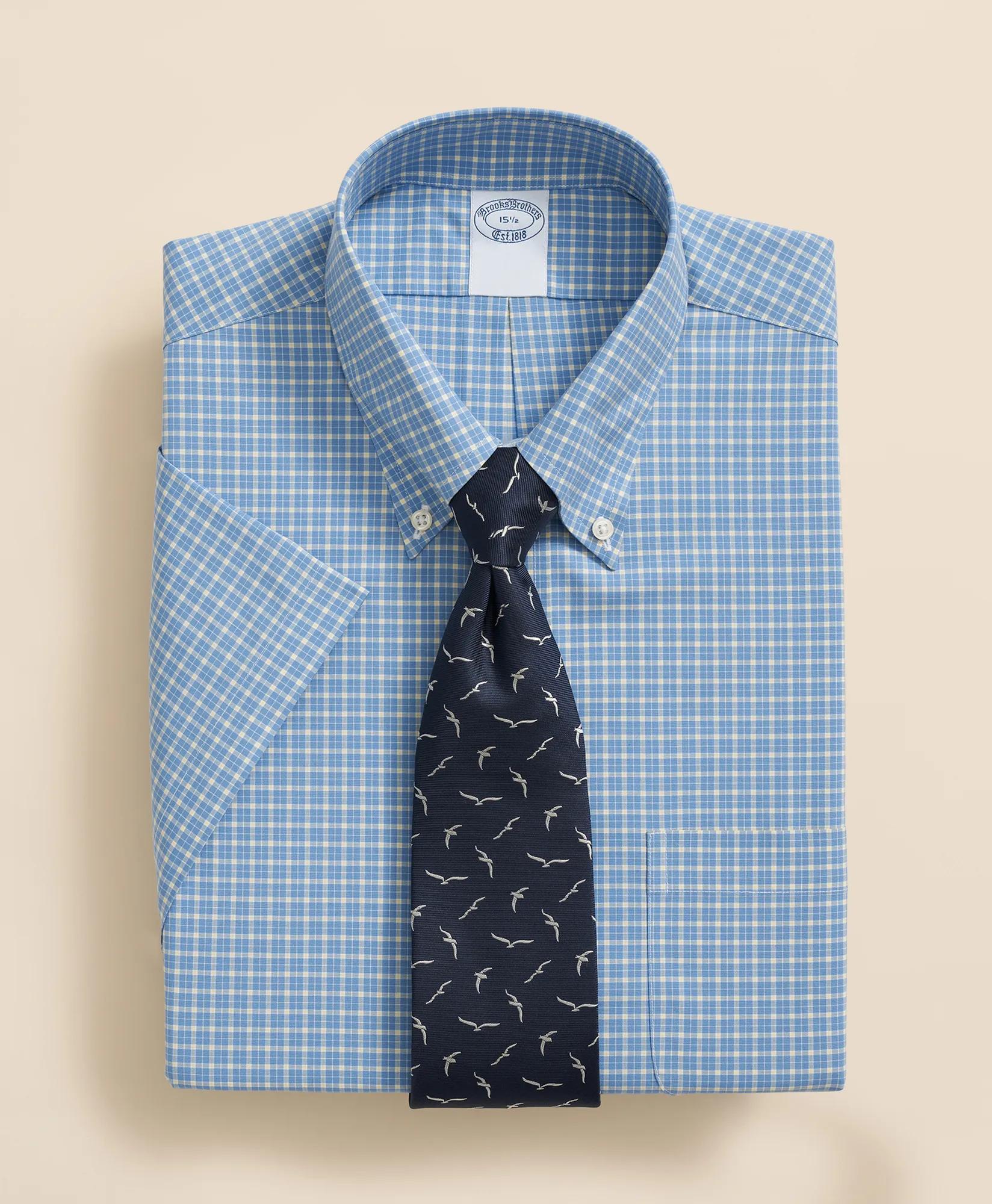 Stretch Supima Cotton Non-Iron Broadcloth Polo Button-Down Collar, Checked Short-Sleeve Dress Shirt