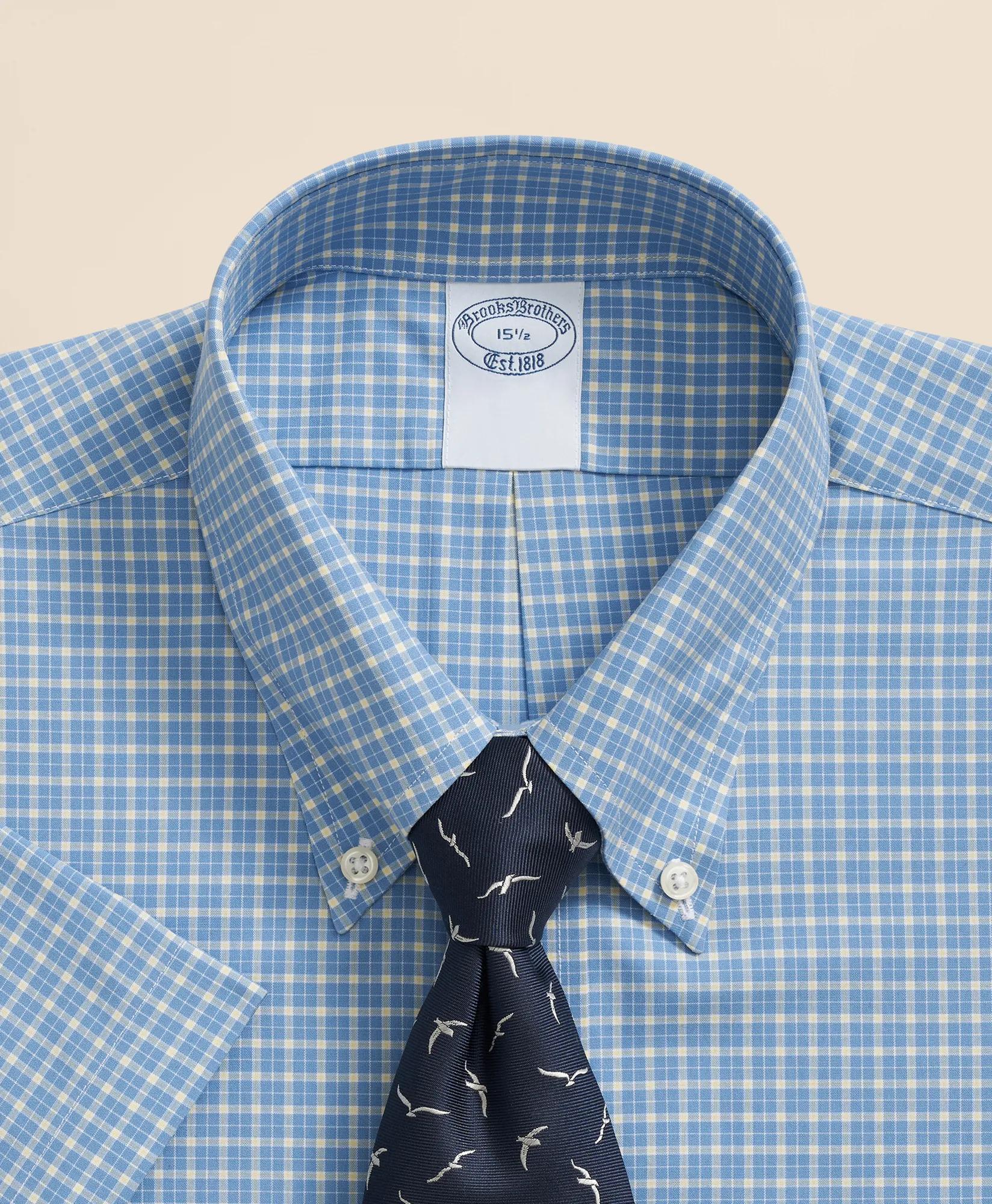 Stretch Supima Cotton Non-Iron Broadcloth Polo Button-Down Collar, Checked Short-Sleeve Dress Shirt