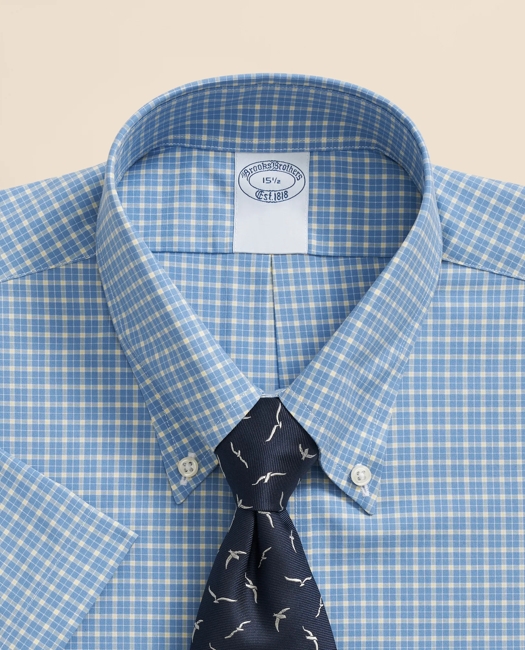 Stretch Supima Cotton Non-Iron Broadcloth Polo Button-Down Collar, Checked Short-Sleeve Dress Shirt