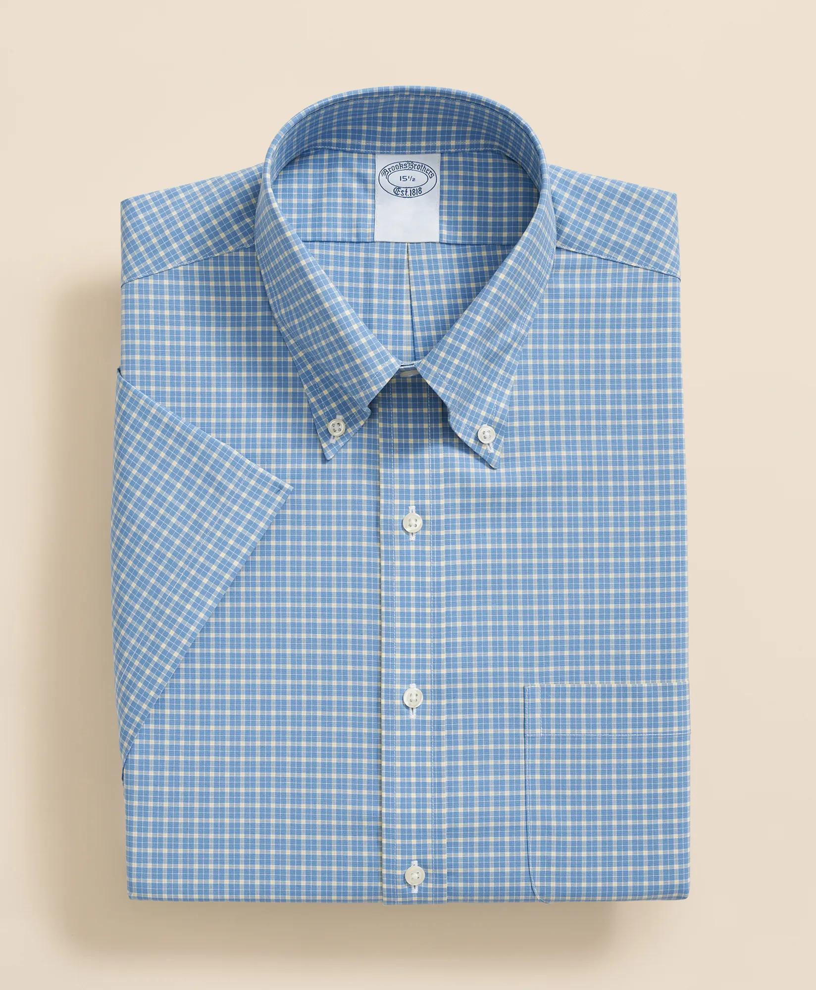 Stretch Supima Cotton Non-Iron Broadcloth Polo Button-Down Collar, Checked Short-Sleeve Dress Shirt