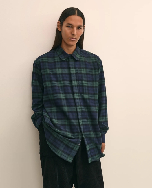 X Engineered Garments Cotton Flannel Round Pinhole Collar Oversized, Tartan Dress Shirt