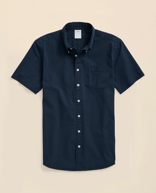Stretch Cotton Seersucker Button-Down Collar Short-Sleeve Sport Shirt