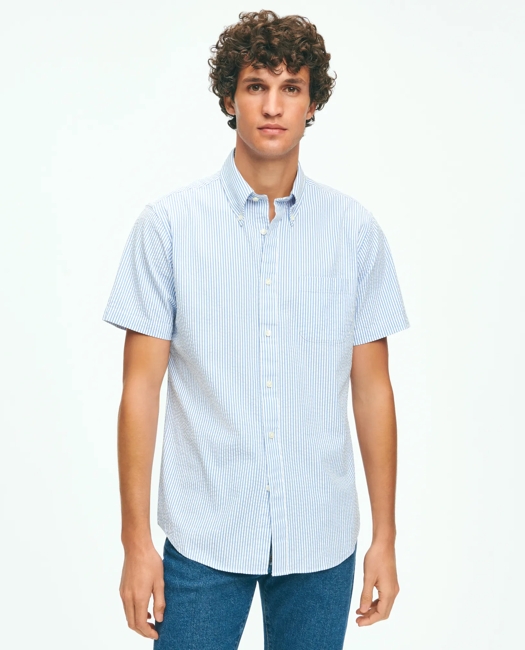 Washed Cotton Seersucker Button-Down Collar, Stripe Short-Sleeve Sport Shirt