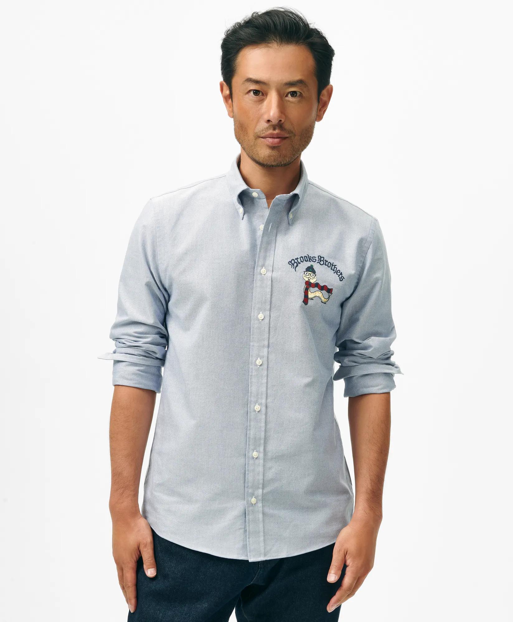 Men's Lunar New Year Snake Embroidered Oxford Cloth Slim-Fit Button-Down Collar Sport Shirt