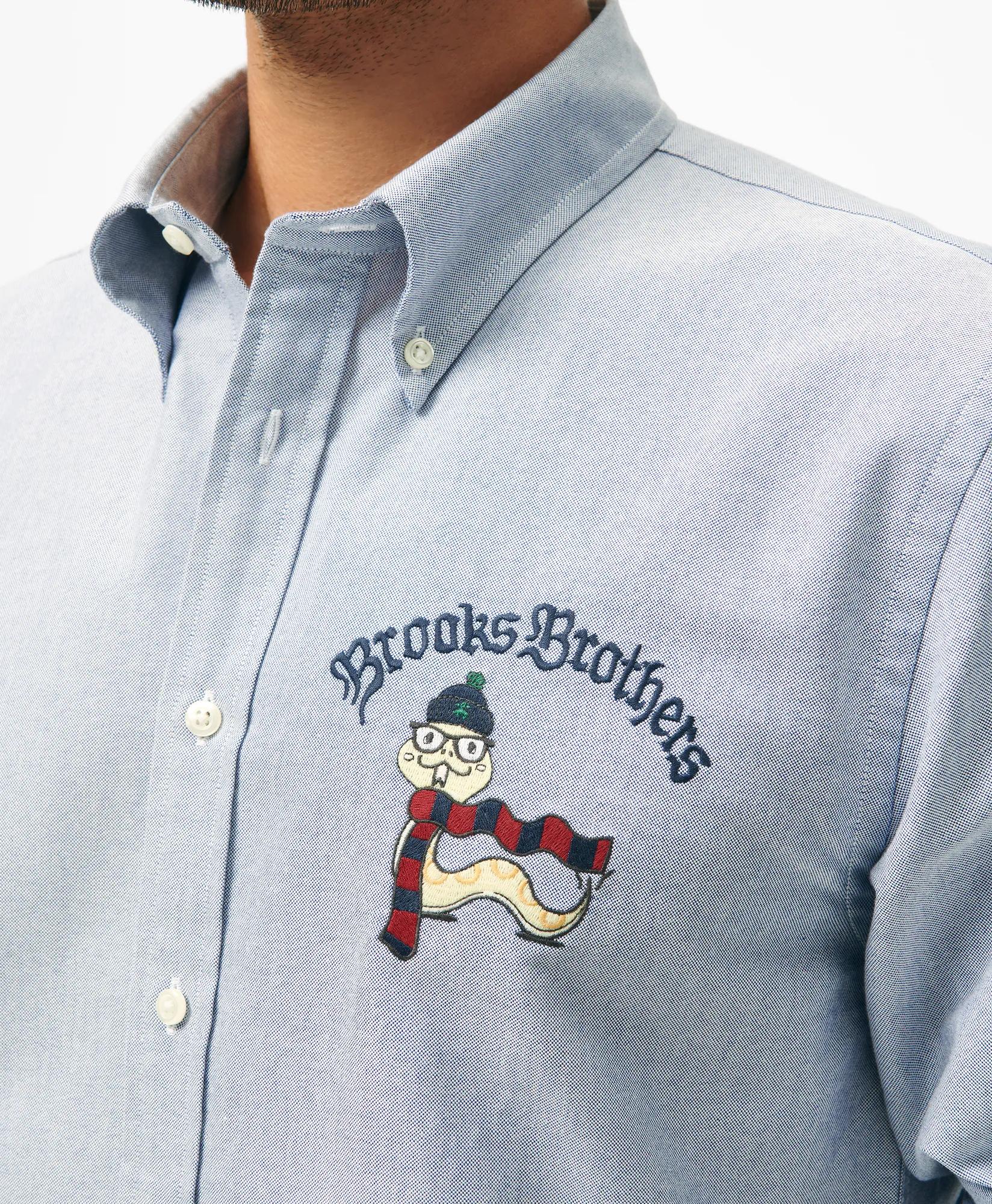 Men's Lunar New Year Snake Embroidered Oxford Cloth Slim-Fit Button-Down Collar Sport Shirt