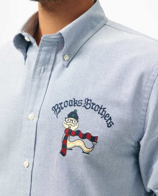 Men's Lunar New Year Snake Embroidered Oxford Cloth Slim-Fit Button-Down Collar Sport Shirt