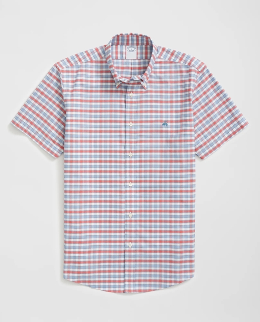 Stretch Cotton Non-Iron Oxford Polo Button Down Collar, Checked Short-Sleeve Shirt