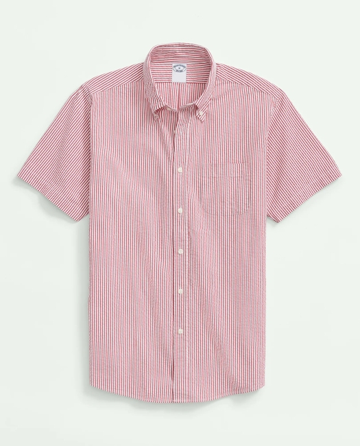 Washed Cotton Seersucker Button-Down Collar, Stripe Short-Sleeve Sport Shirt