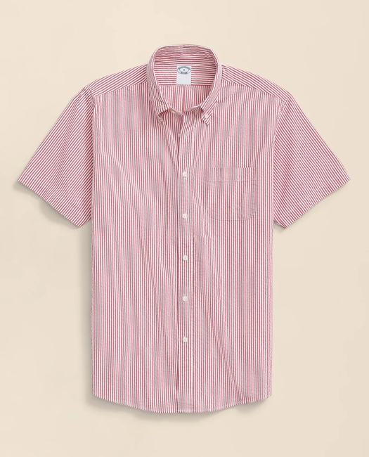 Washed Cotton Seersucker Button-Down Collar, Stripe Short-Sleeve Sport Shirt