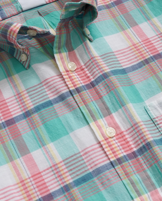 Washed Cotton Madras Polo Button-Down Collar, Short-Sleeve Shirt