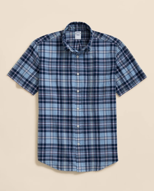 Washed Cotton Madras Polo Button-Down Collar, Short-Sleeve Shirt