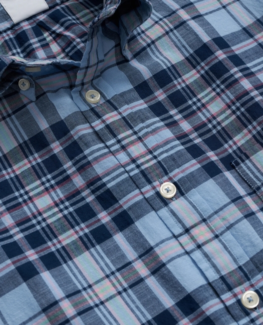 Washed Cotton Madras Polo Button-Down Collar, Short-Sleeve Shirt
